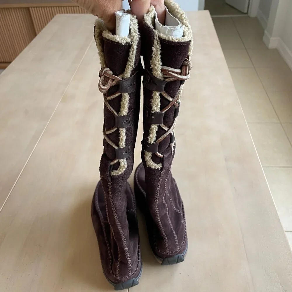Timberland Womens Fauna Tall Boot Brown Leather Suede Moccasin Lace Up Shearling